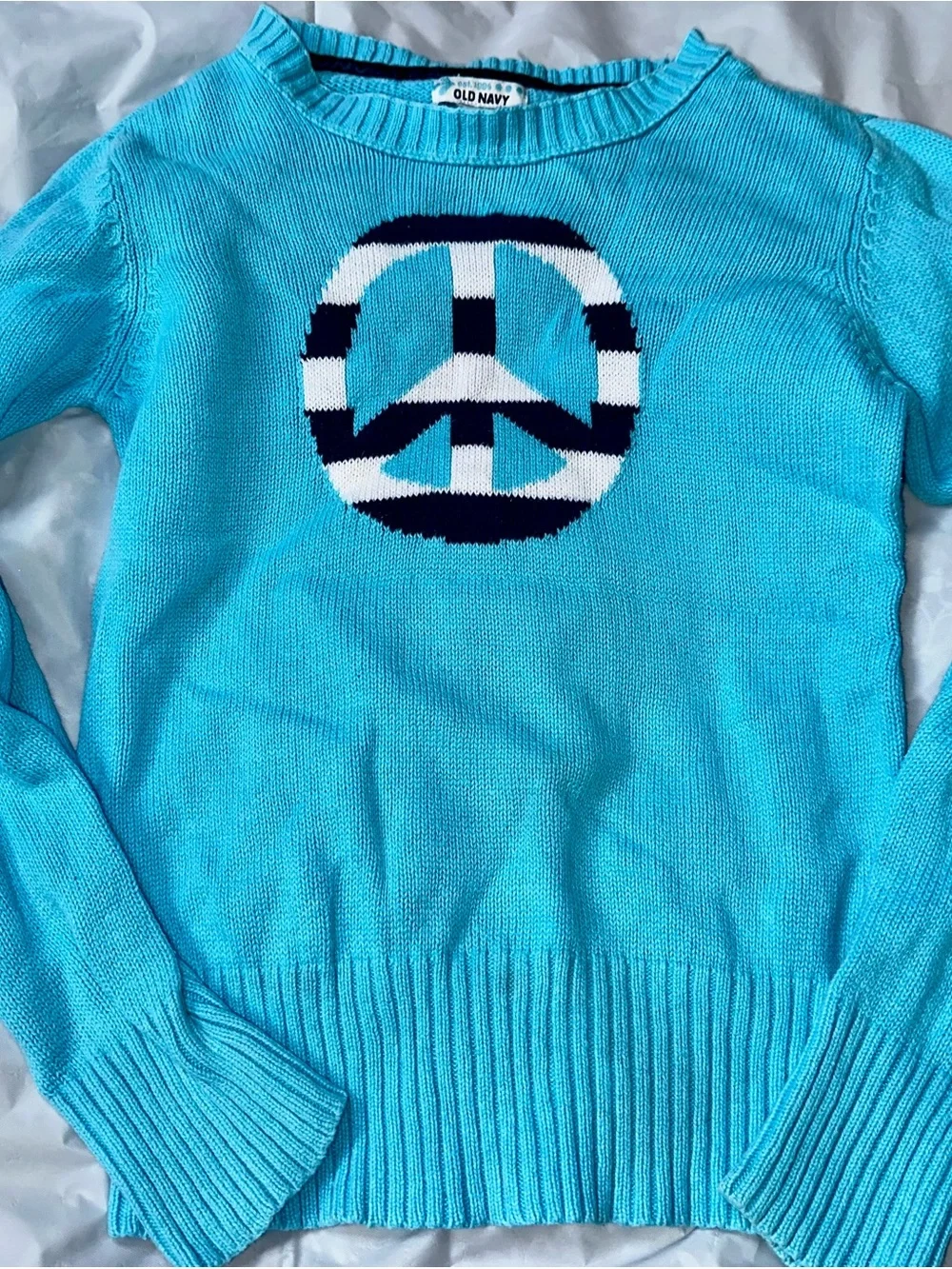 Old Navy Turquoise Sweater with Navy and White Peace Sign